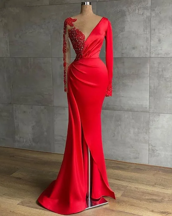 Long Red Satin Evening Dresses, Sheer Neckline Long Sleeve Beaded African High Slit Women Formal Prom Dress S24678 Long Red Satin Evening Dresses, Sheer Neckline Long Sleeve Beaded African High Slit Women Formal Prom Dress S24678