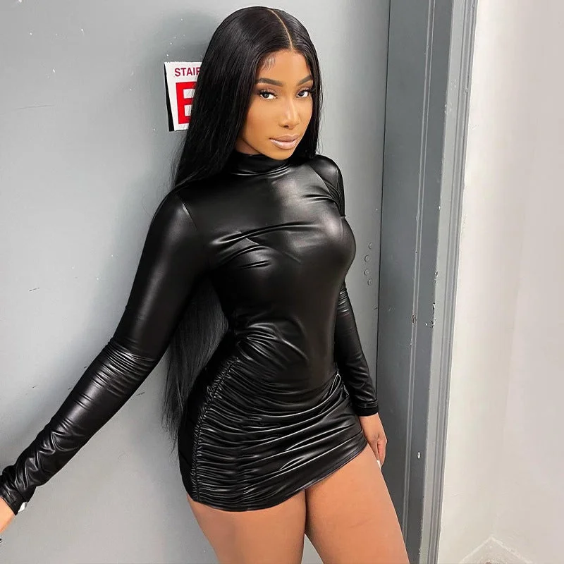 10779 Pu Faux Leather Long Sleeve Mini Women Bodycon Solid Dress 2022 Winter New Elegant Party Wholesale American Clothing
