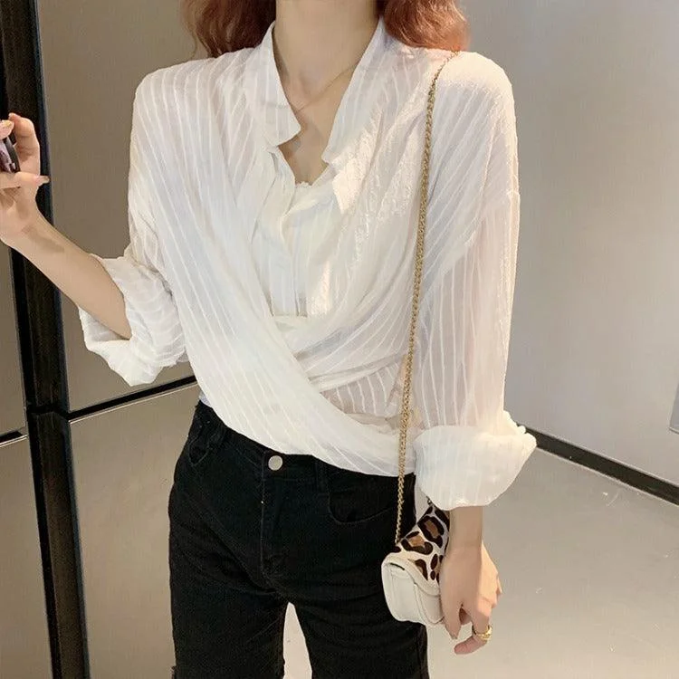 Ladies white striped shirt Mesh Blend Leather Blend Suede Blend