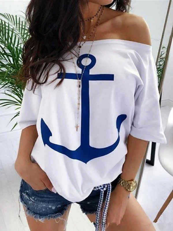 Loose Off Shoulder Printed T-shirt Top Striped Floral Plaid