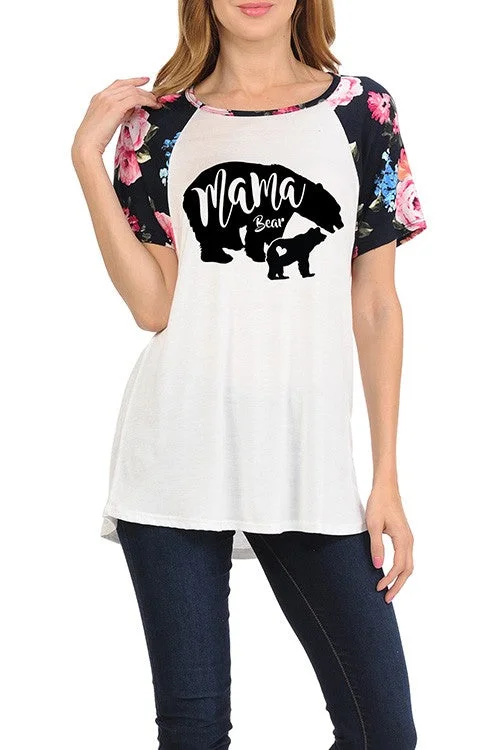 Mama Bear Graphic Tee V-Neck T-Shirt Long Sleeve Cotton