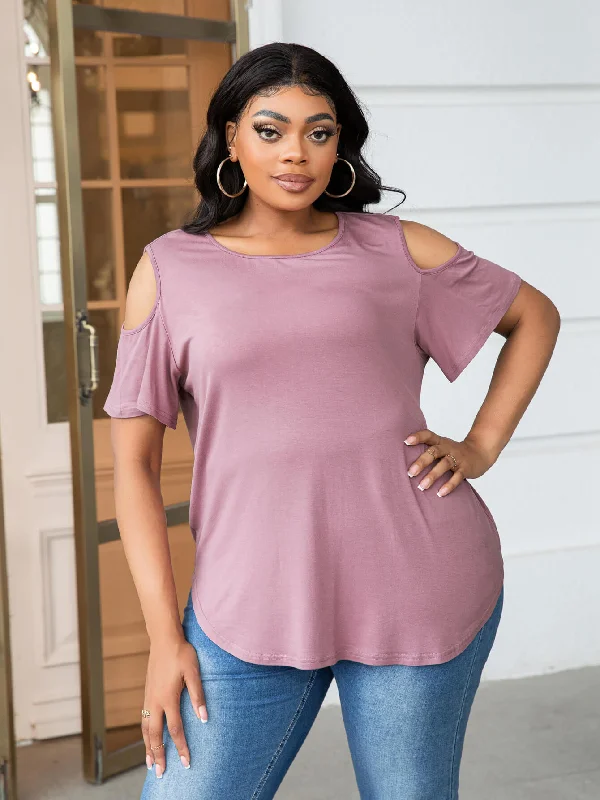 Plus Size Cold-Shoulder Round Neck Curved Hem Tee Nylon Fabric Polyester Fabric Spandex Fabric