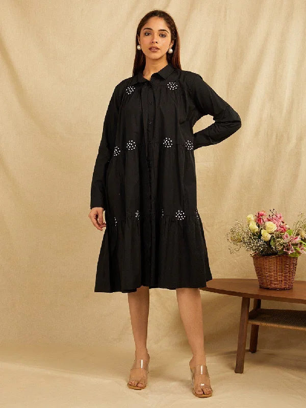 Black Cotton Embroidered Shirt With Gathers Modern Contemporary Chic