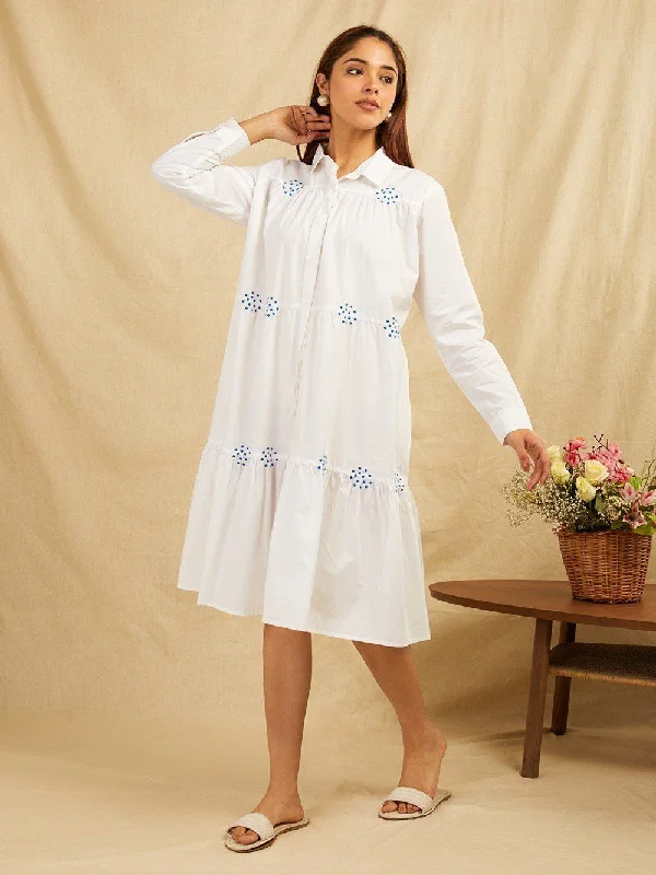 White Cotton Embroidered Shirt With Gathers Collared T-Shirt Boat Neck A-Line