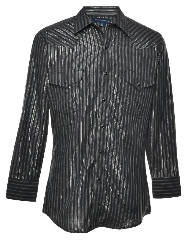 Striped Black & Silver Long Sleeve Western Shirt - M Cashmere Blend Cotton Blend Poly Blend