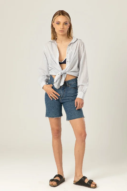 The Light Shirt | Sheer blue printed Basic T-Shirt Crew Neck Short Sleeve