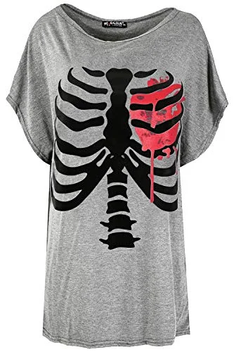 Womens Halloween Skeleton Heart Batwing T-Shirt | Original Brand Anti-Shrink Durable Soft