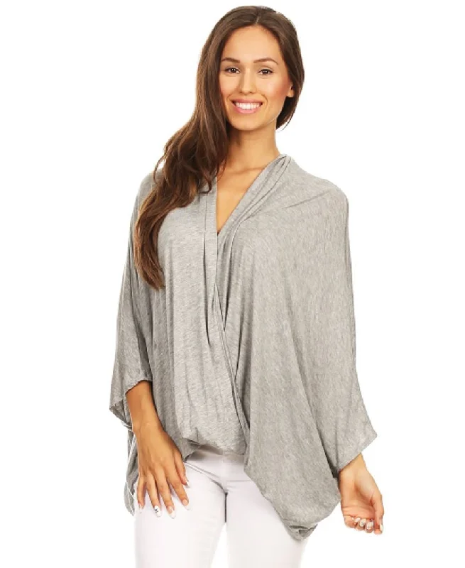 Tunic Top Shirt Twist Wrap 3/4 Sleeve Gray Mesh Blend Leather Blend Suede Blend