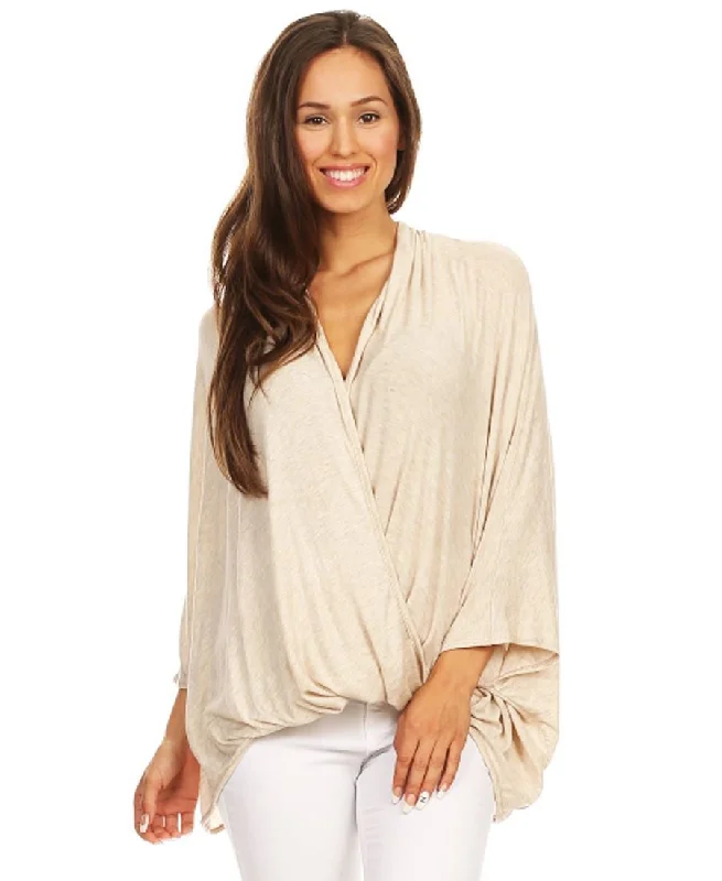 Tunic Top Shirt Twist Wrap 3/4 Sleeve Oatmeal Lace Blend Ribbed Blend Corduroy Blend