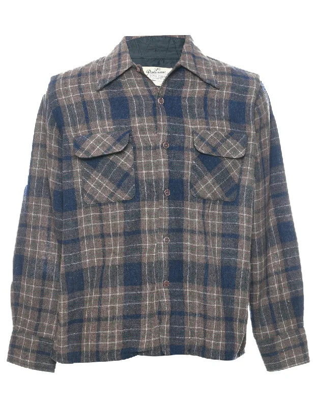 1970s Light Brown Checked Shirt - M Mesh Canvas Denim