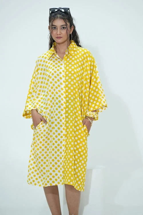 Elina In Yellow Hand Block Printed Oversize Shirt Mesh Blend Leather Blend Suede Blend