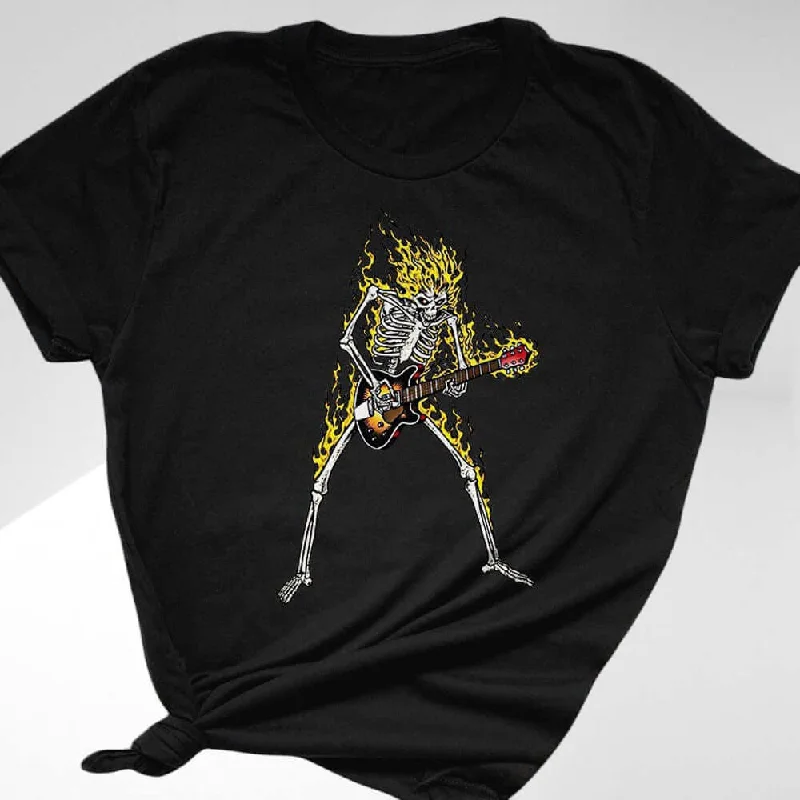 Guitar Playing Skeleton on Fire Graphic T-Shirt Mesh Blend Leather Blend Suede Blend