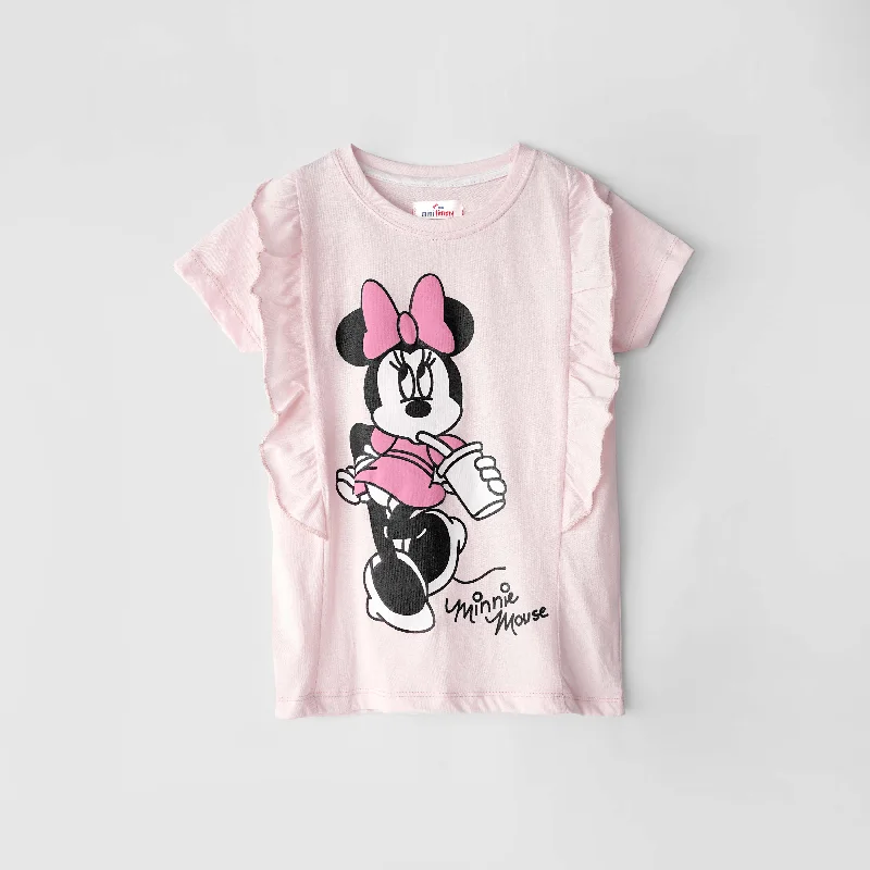 Girls Printed Soft Cotton Pink Frill Shoulder T-Shirt Graphic Embroidered Appliqued