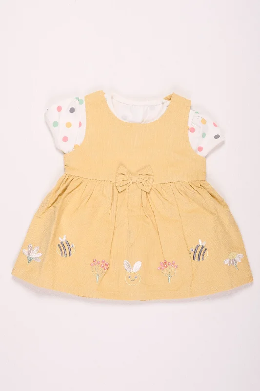 Mustard Yellow Embroidered Baby Girl Frock with Polka Dot Inner T-Shirt Terry Blend Velvet Blend Canvas Blend