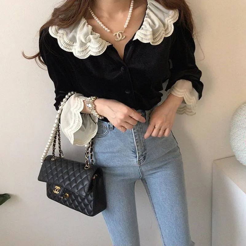 Retro Minority Layers Of Lace Stitching Doll Velvet Shirt For Women Graphic T-Shirt Round Neck Polyester