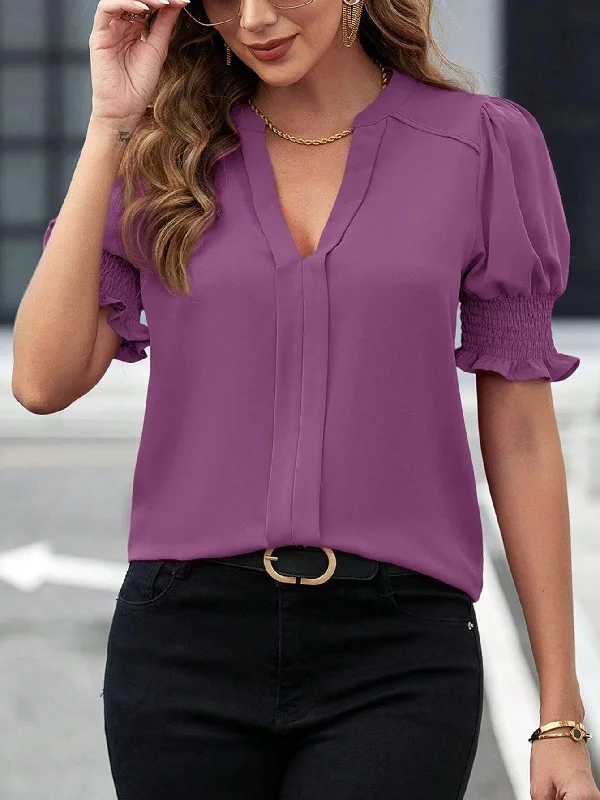 V-neck Graceful Puff Sleeve Solid Color Shirt Collared Crew Neck Turtle Neck