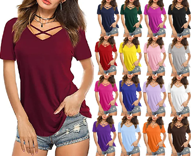 Women's Crisscross V-Neck Short Sleeve T-Shirt Sequined Glittery Shiny