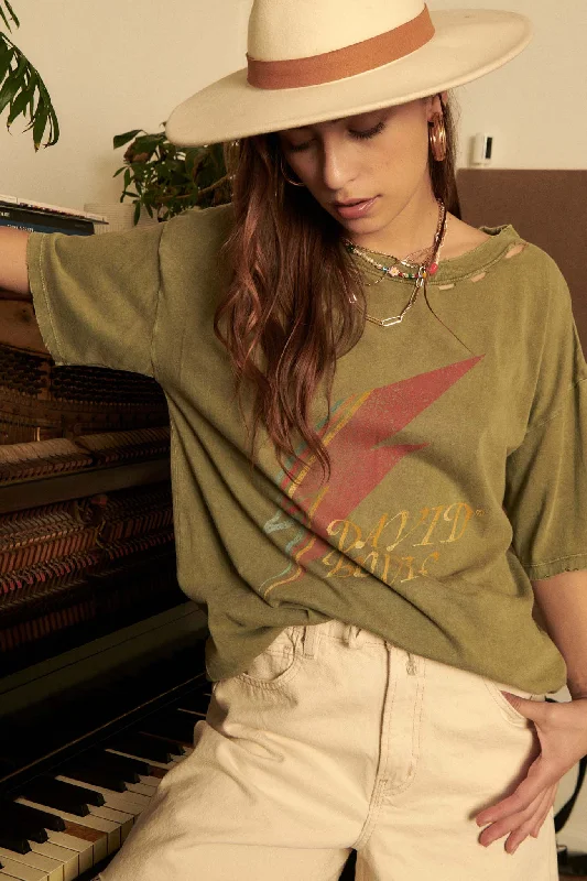 David Bowie Thunderbolt Distressed Graphic Tee Oversized T-Shirt Spandex breathable