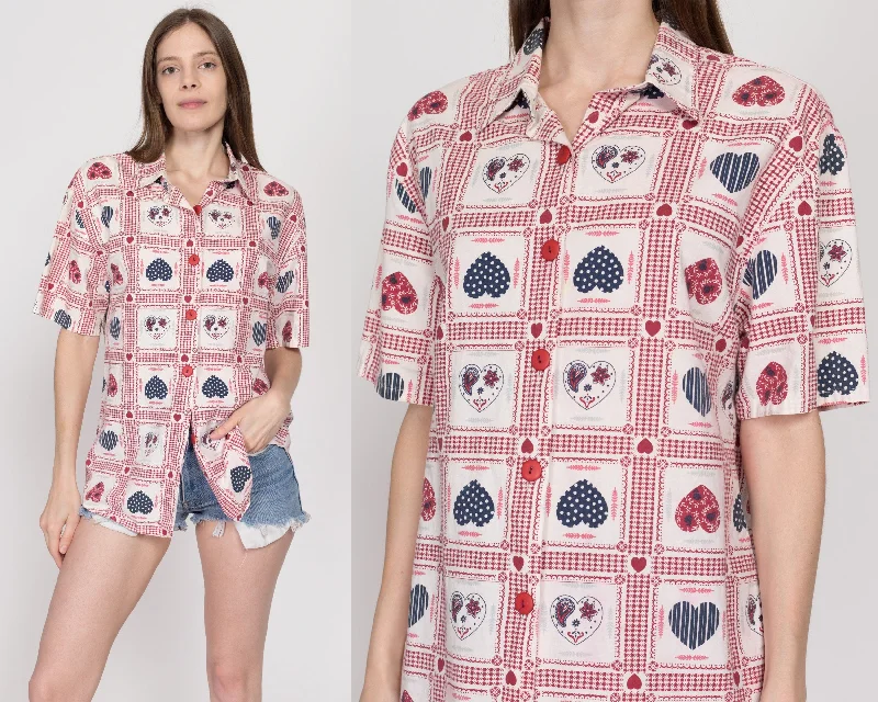 Large 90s Heart Bandana Print Button Up Shirt Collared T-Shirt Boat Neck A-Line