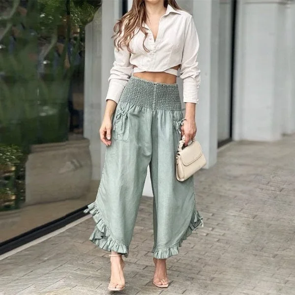 Two Piece Set Long Sleeve Crop Shirt & Wide Legs Pants | OOTD Solid Print Embellished